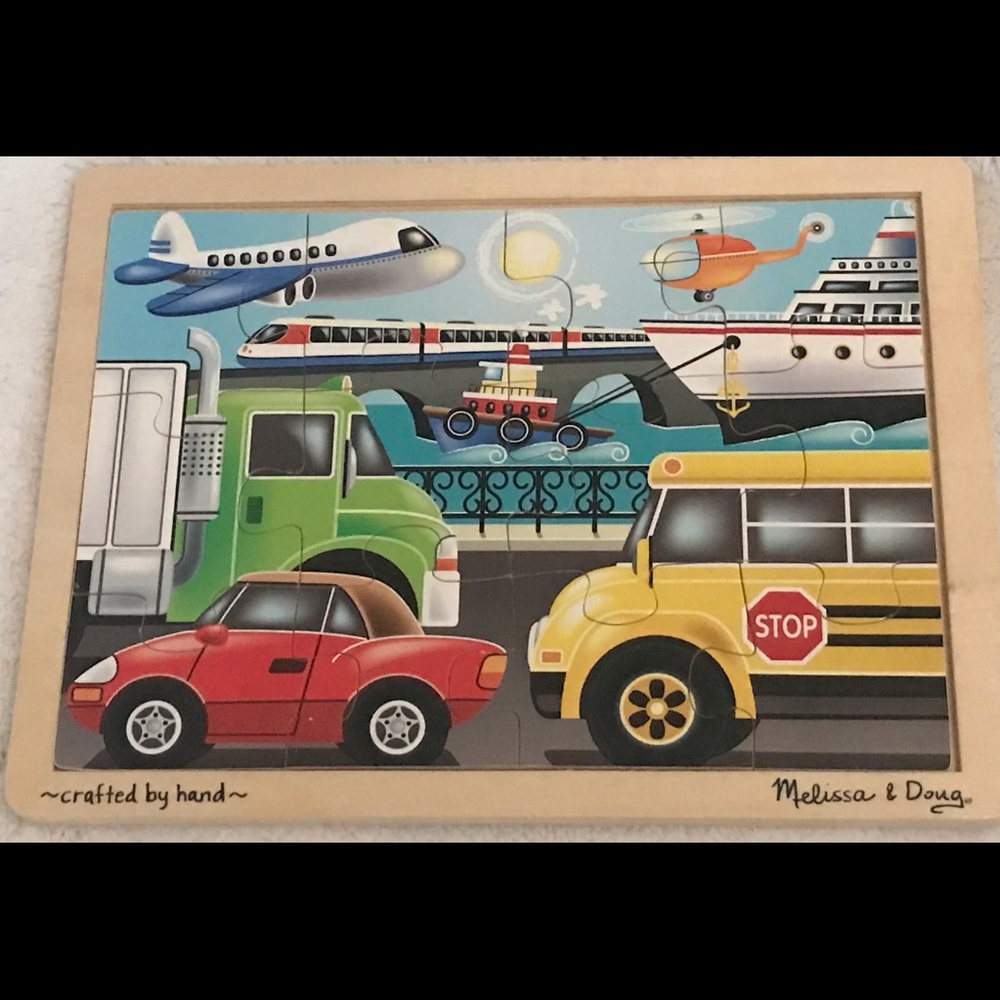 Melissa & Doug Car, Truck, Bus, Boat, Plane 12 piece wooden puzzle - Like New